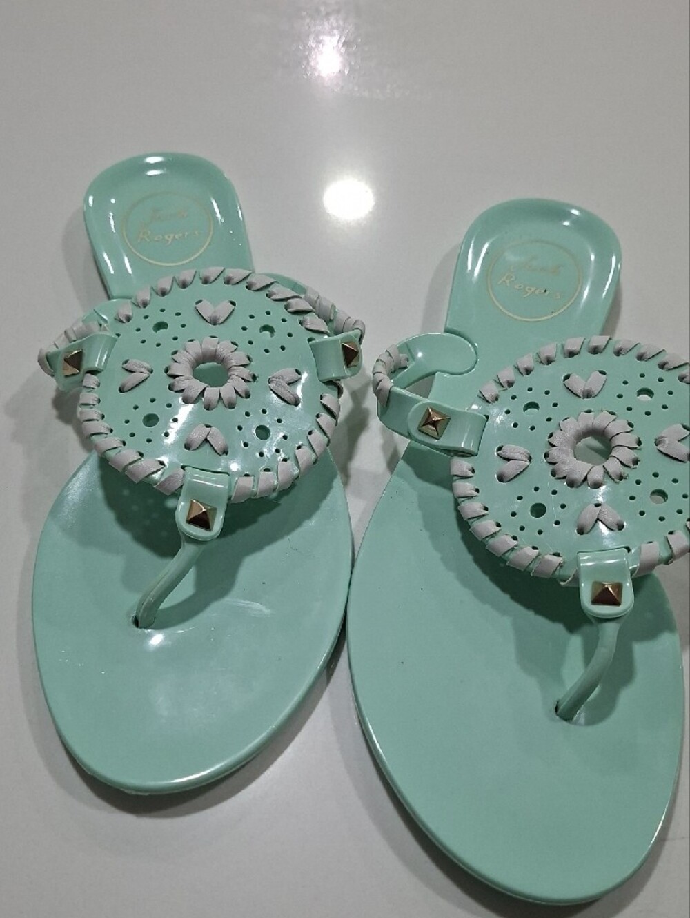 Jack Rogers Mint Green Jelly Sandals with Gold Studs